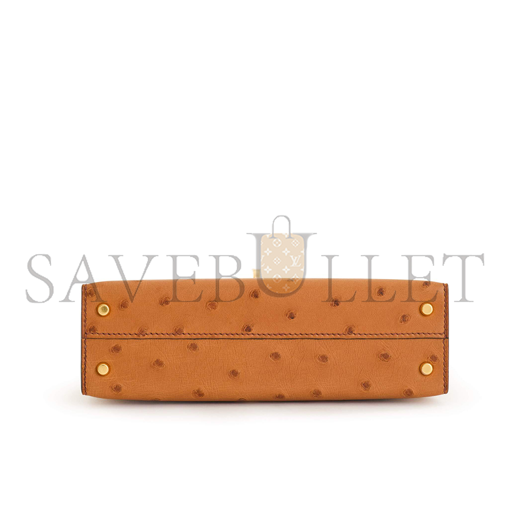 HERMÈS MASTER COGNAC OSTRICH MINI KELLY II GOLD HARDWARE (19*12*5.5cm)
